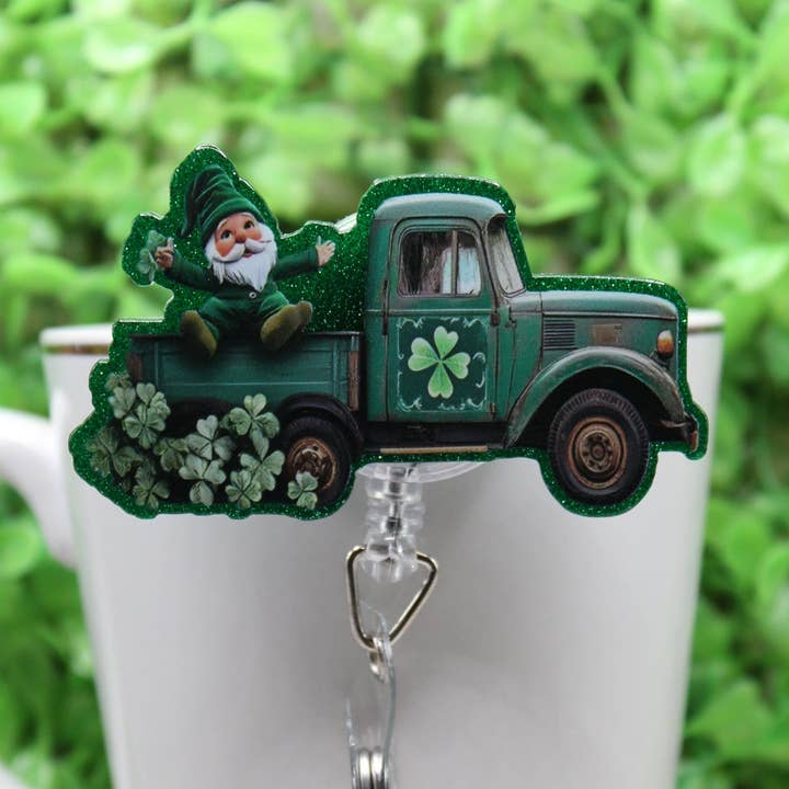 St. Patrick's Day Gnome in Green Truck Badge/ID Holder Reel for wholesale by Hylidae Boutique