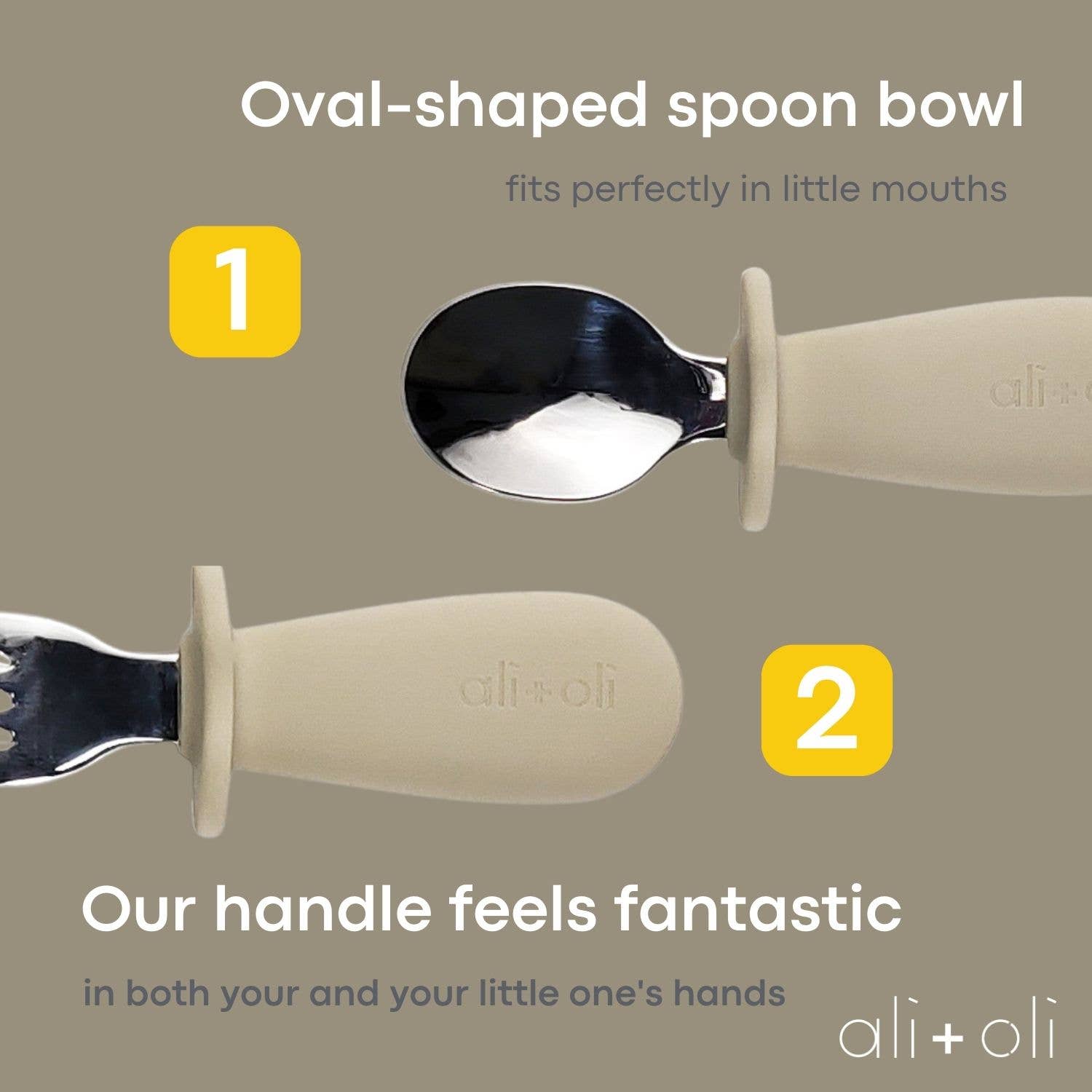 Ali+Oli - Wholesale Flatware Set - Kids & Baby - Ali+Oli Spoon & Fork Learning Set for Toddlers (Khaki) 6m+3