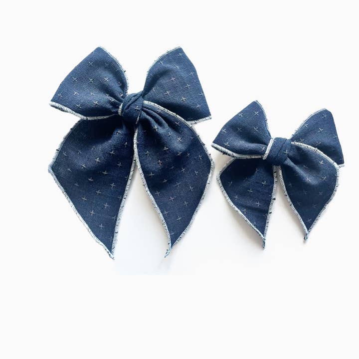 Navy Cross Stitched Elle Bow for wholesale by Lady Eleanor & Co