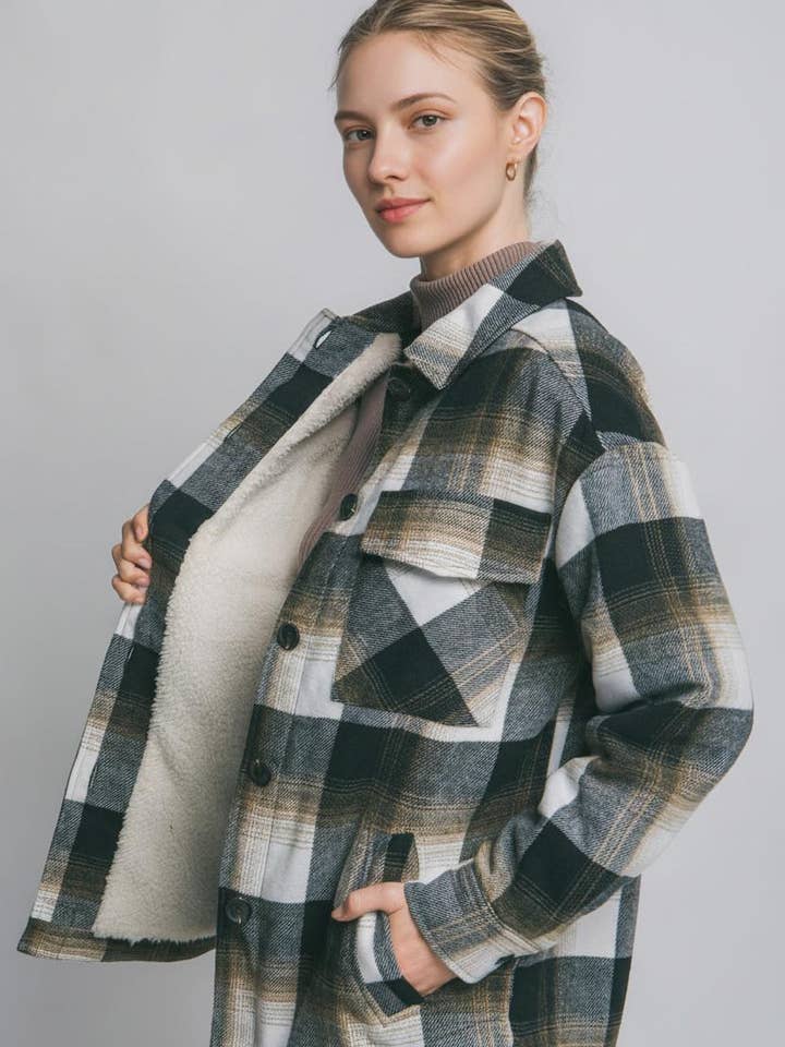 ,,,,_...._ SI-28826 Plaid Button Up Jacket with Sherpa Lining for wholesale by 42POPS