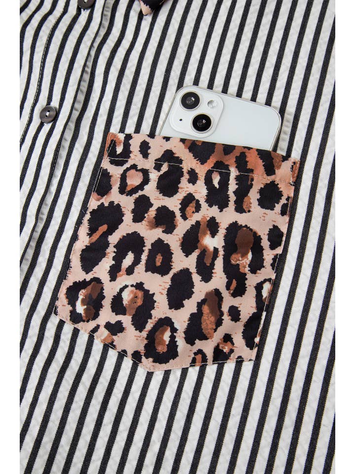 66DISCO - Vente Chemise à col boutonné – femme - Chemise à boutons léopard et rayures contrastées chic printemps 202626