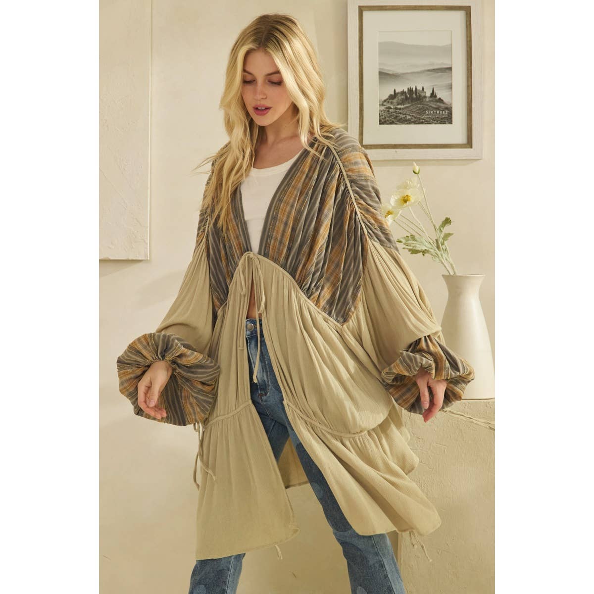 Oli&Hali - Wholesale Cardigan - Women's - WASHED FRONT TIE DRAWSTRING CLOSURE DUSTER5