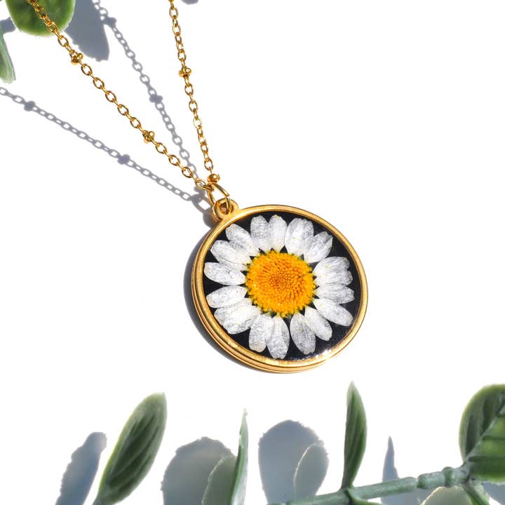 Pressed Flower Gold Circle Necklace for wholesale by My Beverly Jewelry