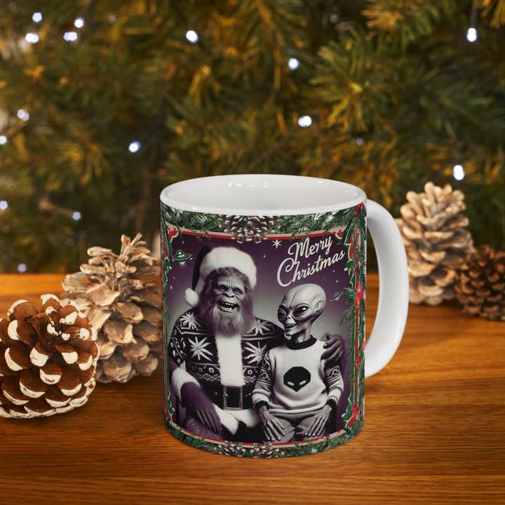 Funny Christmas Mug Bigfoot Alien Novelty Funny Holiday Coffee Mug (11oz) for wholesale by Midnight Myth