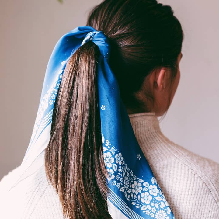 Flora West Design - Wholesale Bandana – Women's - 100% Silk Bandana Scarf -Santorini Floral China Blue Western4