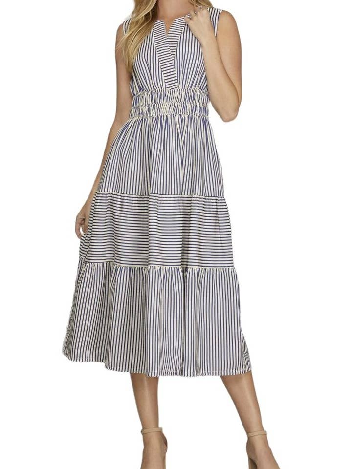 Woven Striped Tiered Midi Dress for wholesale by Vanilla Monkey