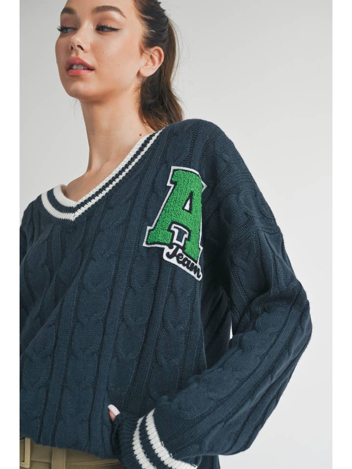 Klesis - Wholesale Knit Sweater - Women's - IT2990 VARSITY PATCH V NECK CABLE KNIT SWEATER5
