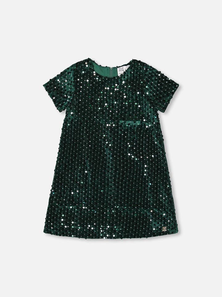 Velvet Short Sleeve Dress Forest Green for wholesale by Deux par Deux