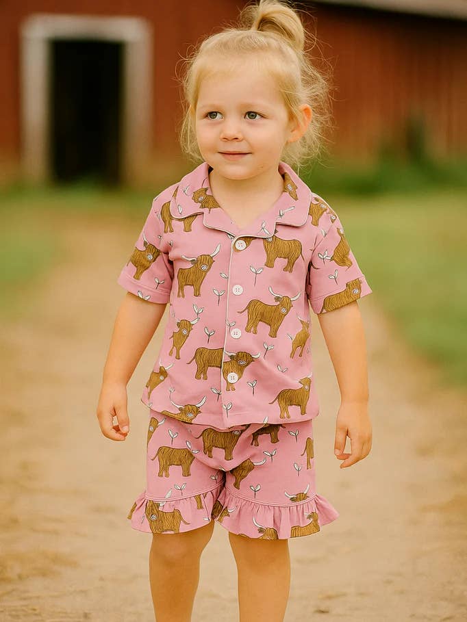 Pink Highland Cow Shorts 2 Piece Lounge Set for wholesale by Little Bugz Boutique
