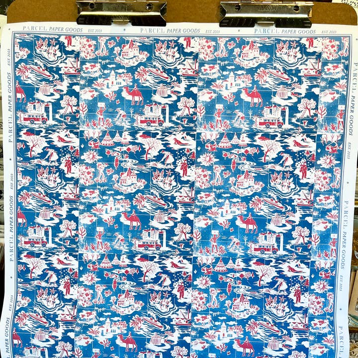 Parcel - Wholesale Flat Wrap - Parcel Artisan Wrapping Paper, French Storybook Blue & Red
