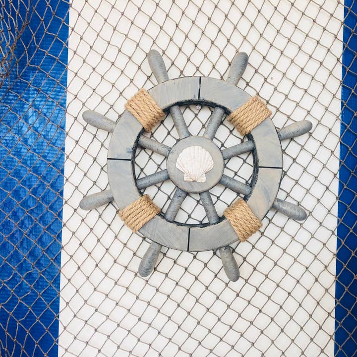 Hampton Nautical - Venta al por mayor Papel pintado 3D - Rueda decorativa antigua con concha marina 12"
