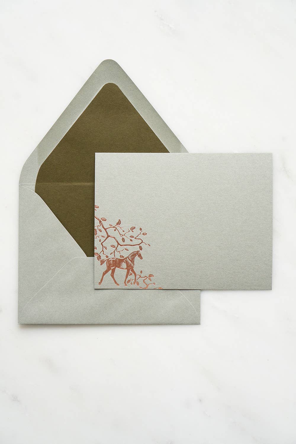 Danielle Demers Studio - Wholesale Stationery/Notecard Set - Mixed Horse Motif Foil Stamped Cards, Sage, Set of 82