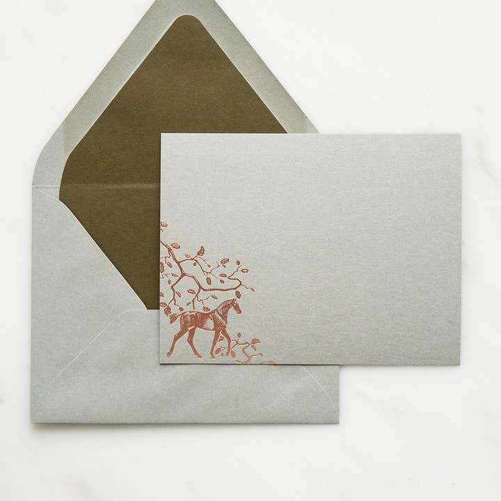 Danielle Demers Studio - Wholesale Stationery/Notecard Set - Mixed Horse Motif Foil Stamped Cards, Sage, Set of 82
