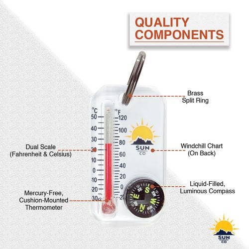 Sun Company / Big Discoveries - Wholesale Navigational Compass - Therm-o-compass - Zipper Pull Compass and Thermometer
