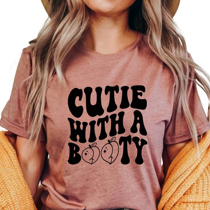 Epic Life - Designed - Wholesale Screen Printed T-Shirt - Women's - Cutie with a Booty Shirt Funny Peach Graphic Tee for Women Perfect Gift for Best Friends, Bachelorette Parties, or Birthday Fun