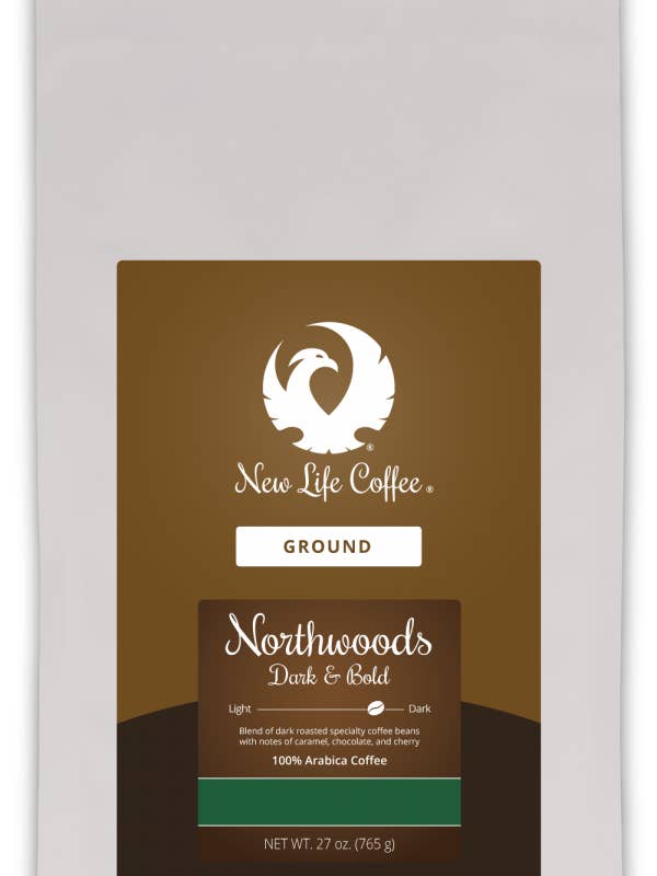Northwoods: Mörk & fet mark, 27 oz. väska för wholesale av New Life Coffee