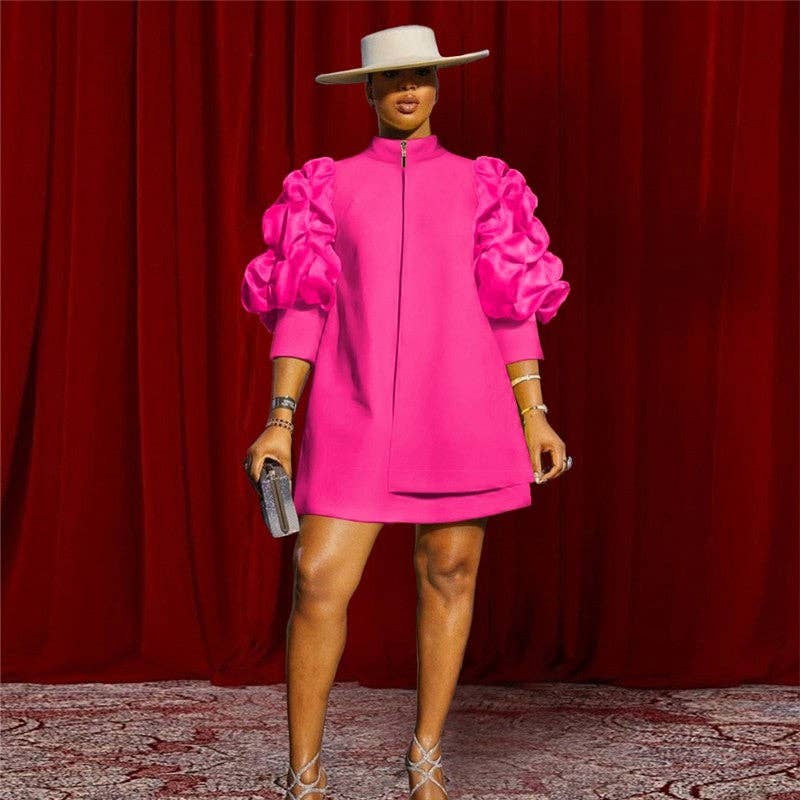 FurDecoration – wholesale Klänning - Dam – Enfärgad kort klänning med ståkrage och veckade ärmar9