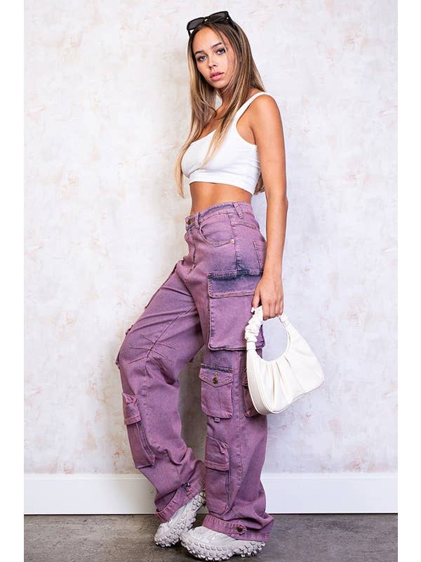 Rehab Lab - Wholesale Jeans - Women's - Purple Washed Cargo Denim Jeans With Pockets