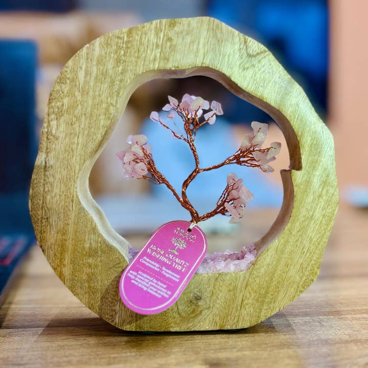 AW Artisan - Wholesale Decorative Tabletop Object - Gem Tree Garden - Wooden Ring - Rose Quartz -