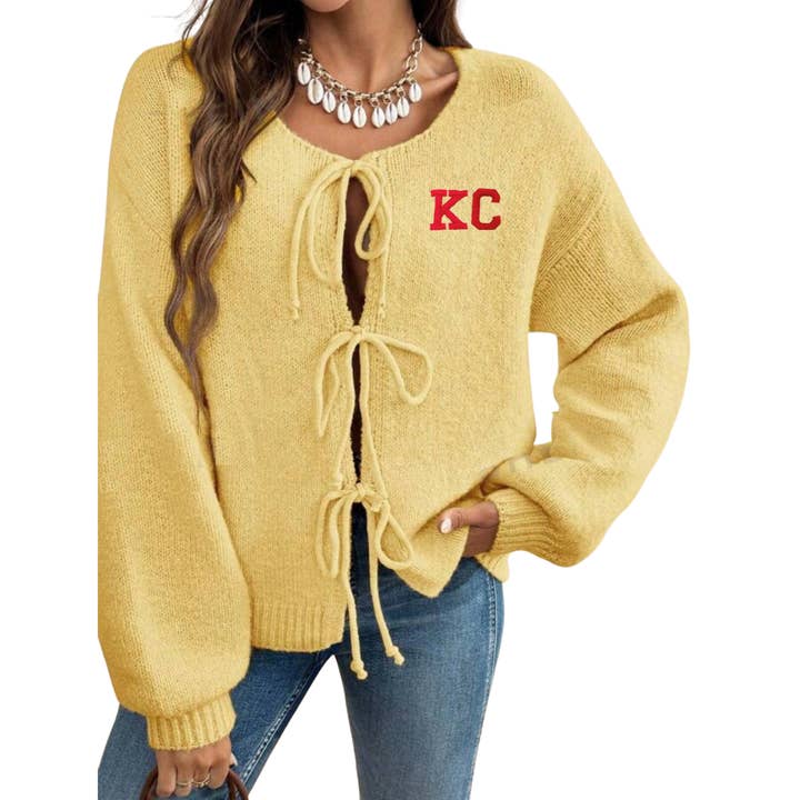 Elby Designs Apparel - Wholesale Cardigan - Women's - KC Yellow Tie Sweater Cardigan, Kansas City, Chiefs