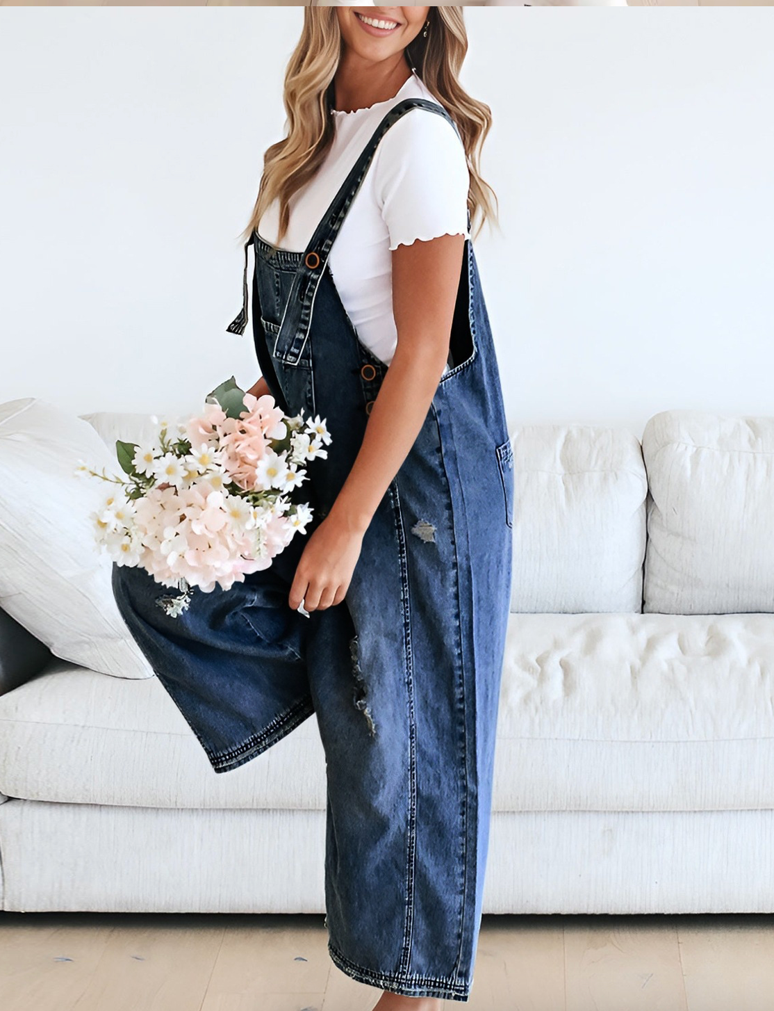 EmberLoom – Engroshandel Overalls - Dame – Kvinders bredbenede buksedragt med slidte detaljer denim overalls16