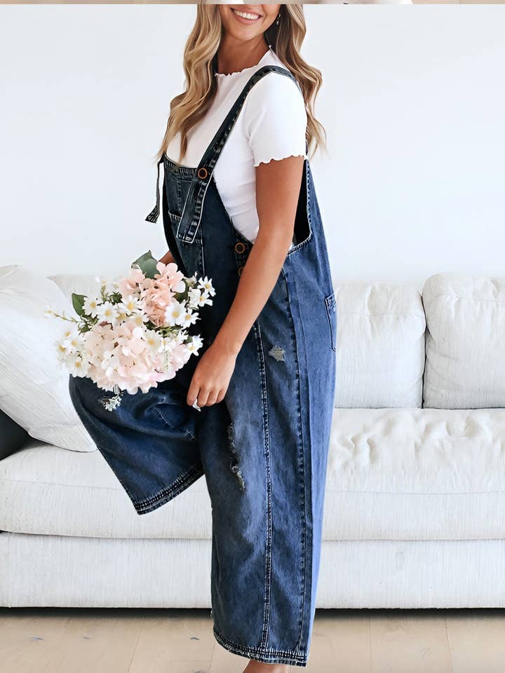 EmberLoom – Engroshandel Overalls - Dame – Kvinders bredbenede buksedragt med slidte detaljer denim overalls16