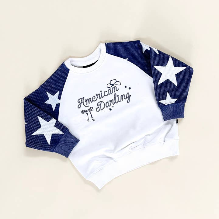 American Darling Western Child Waffle Sleeve Crewneck - Navy / White for wholesale on Faire1
