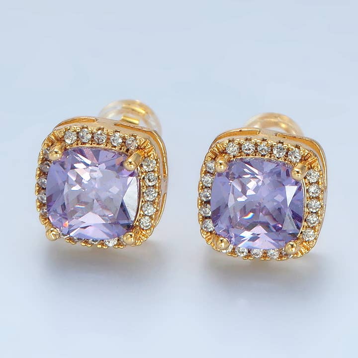 24K Gold Filled Purple Square CZ Paved Studs | AD742 for wholesale by Aim Eternal