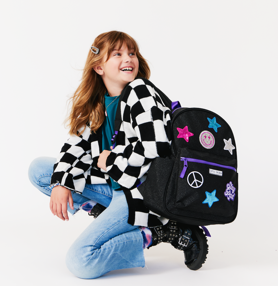 Little Chicken - Wholesale Backpack - Kids - Black Glitter Kids Backpack with Patches, Back to School2