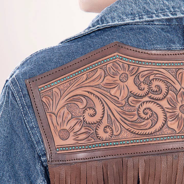 LS Western - Wholesale Denim Jacket - Women's - LC-ADJKT004 Western Denim Jacket with Tooled Floral Leather Yoke & Fringe - Cowgirl Heritage Style7