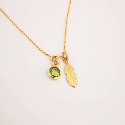 Gold Feather and Gemstone Pendant Necklace for wholesale by Sophellie Jewellery