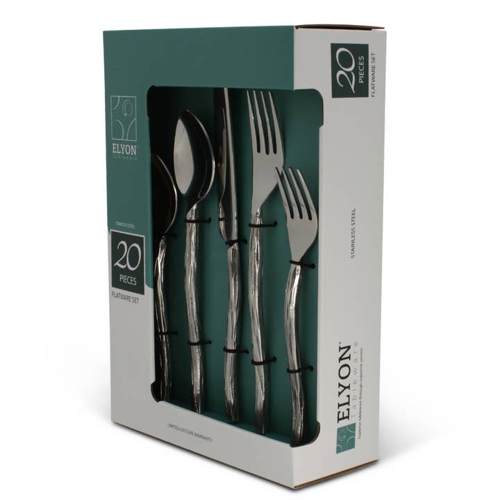 Elyon Tableware® - Wholesale Flatware Set - Elyon Twig Silver 20-Piece Mirror Hand-Forged Flatware Set