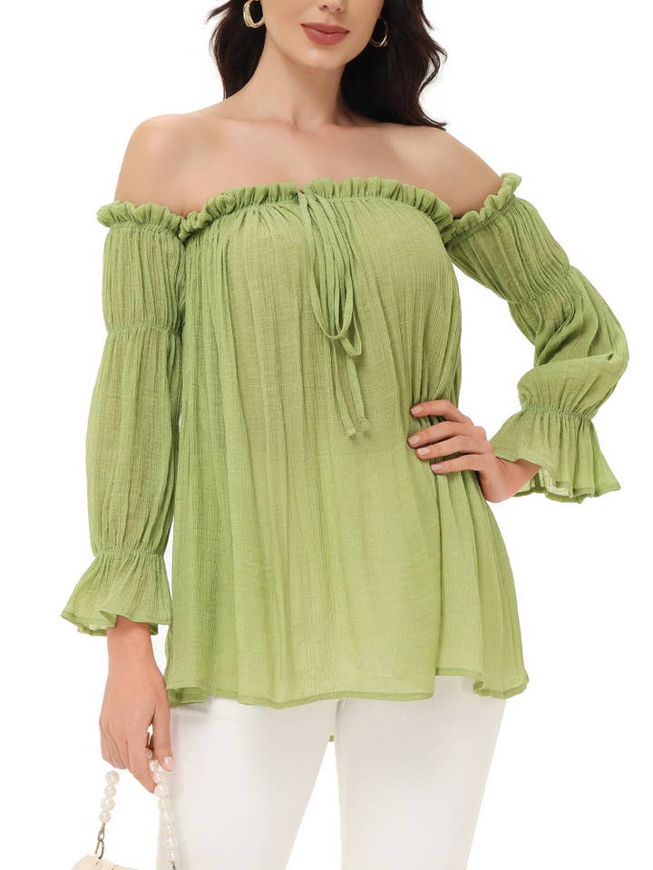 Anna Kaci Wholesale - Wholesale Blouse - Women's - Semi Sheer Boho Peasant Off the Shoulder Top63