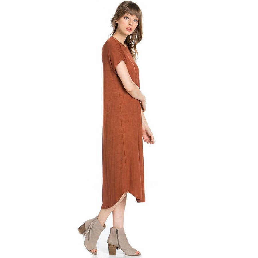 Azules Clothing - Wholesale Dress - Women's - ADM-8252RS Loose fit Crew Neck Hem Midi Dress4