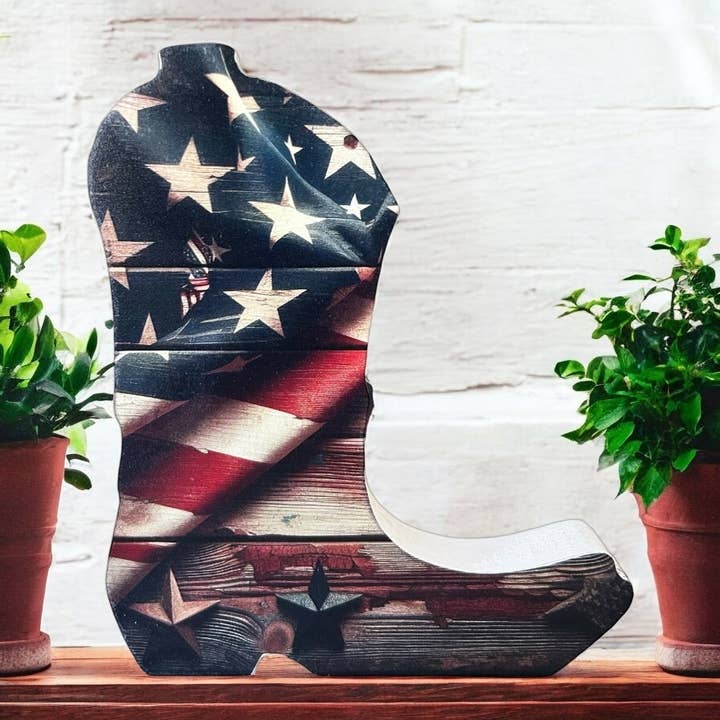 Inkwood Crafters - Wholesale Decorative Tabletop Object - American Flag Wood Cowboy Boot - Patriotic Country Decor