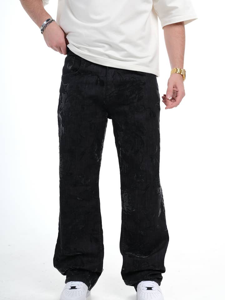Herr Svarta Texturerade Vida Denimbyxor Streetwear Jeans 1025ES3313 för wholesale av Monocloth