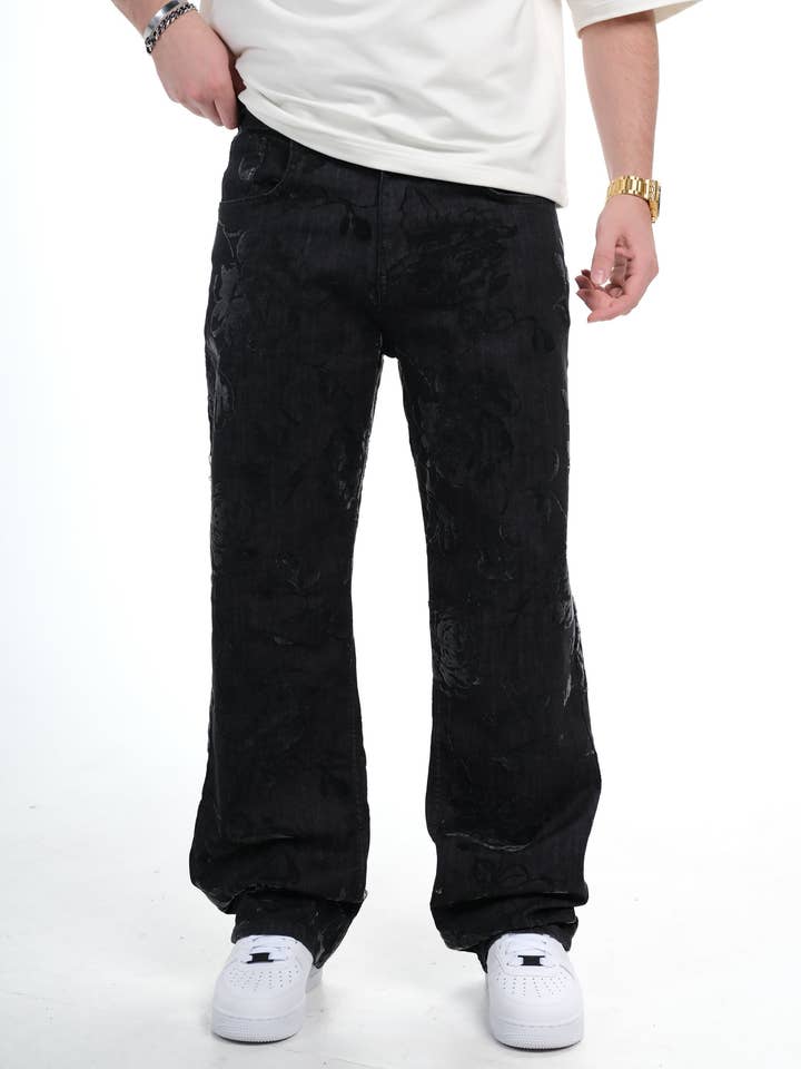 Jeans da uomo neri a gamba larga in denim testurizzato streetwear 1025ES3313 per la vendita all'ingrosso da parte di Monocloth