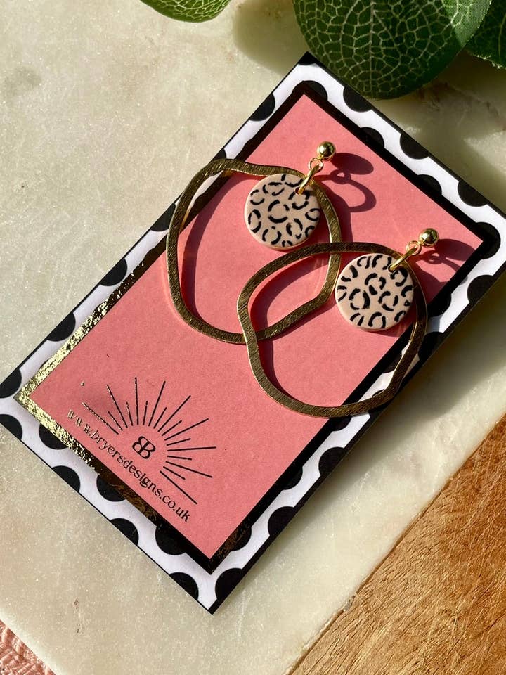 Neutral Leopard Print Gold Hoop Statement Earrings for wholesale by Bryers Designs