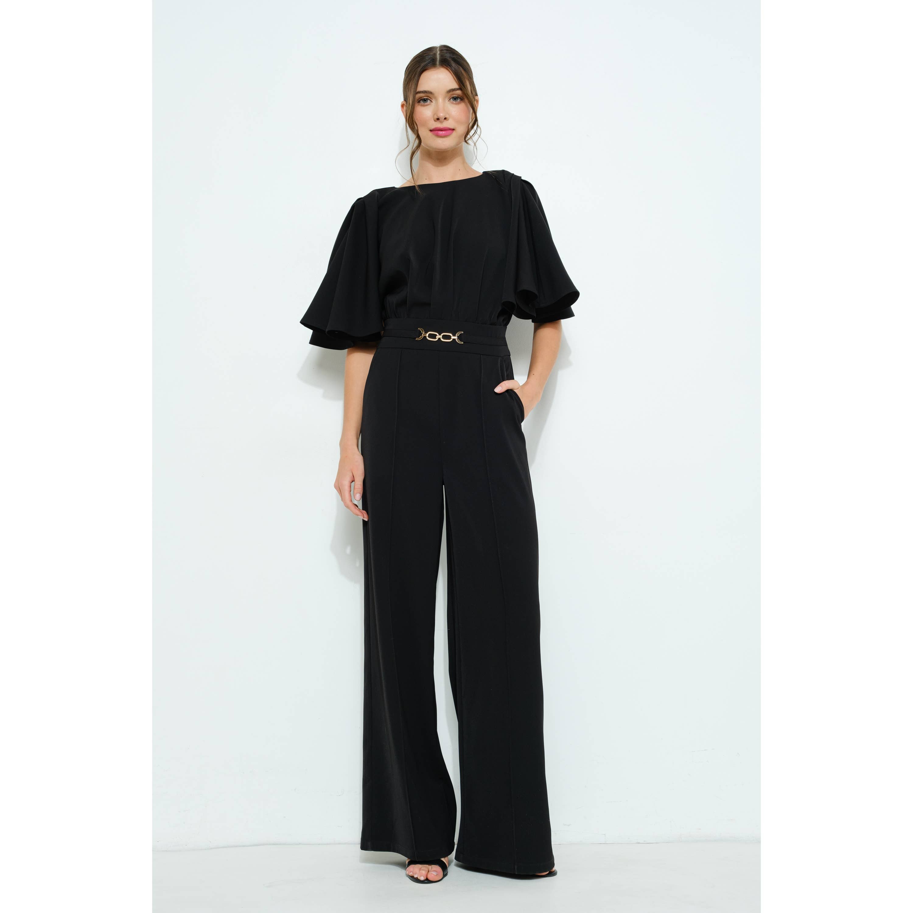 INA - Wholesale Romper - Women's - Flutter Kimino Sleeve Buckle Detail Wide Jumpsuit0