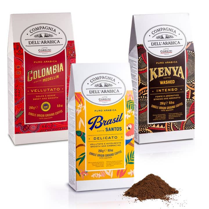 Gemahlener Kaffee | Bestseller | Kolumbien, Brasilien, Kenia | 3x250 g für den Großhandel von Caffè Corsini