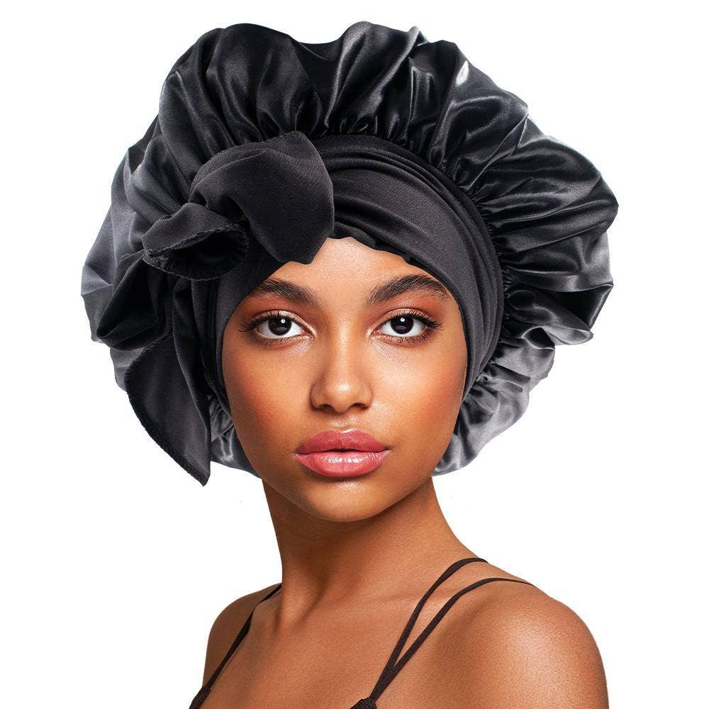 KT Supply – wholesale Sleep cap / bonnet – women's – Solid Satin Long Tie & Wide Band Bonnet Cap Black0