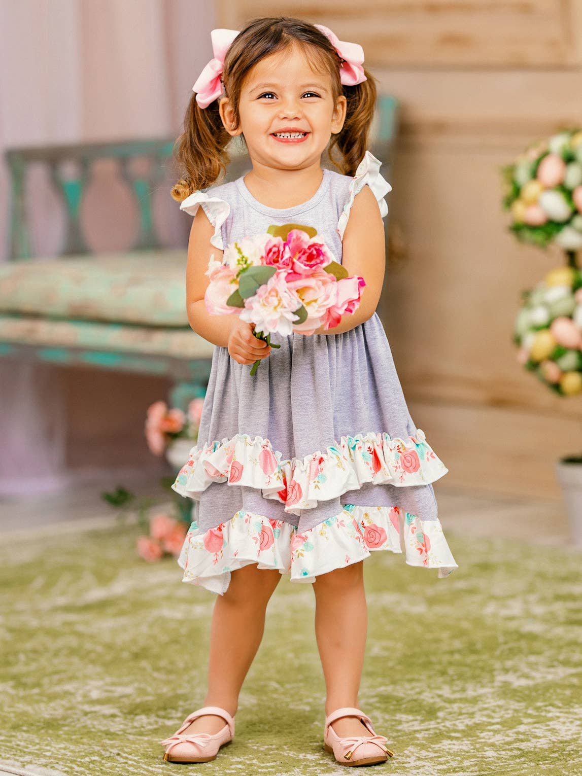 Mia Belle Girls • Wholesale - Wholesale Dress - Kids - Bunny Flutter Sleeve Tiered Ruffle Dress7
