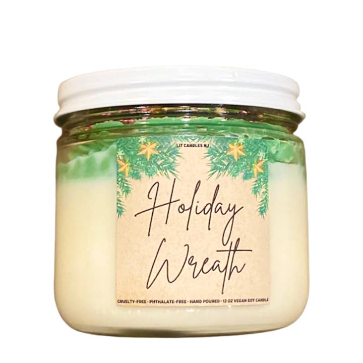 LIT Candles NJ - Wholesale Jar/Filled Candle - Holiday Wreath, Christmas Pine Scented Glitter Soy Candle