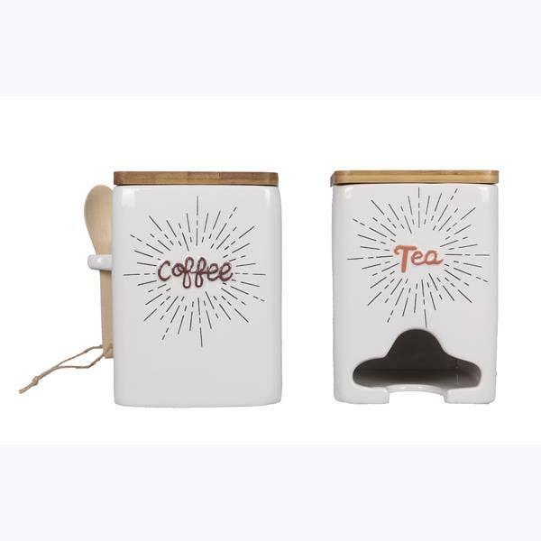 Ceramic Coffee/Tea Holder With Wood Lid And Spoon, 2 Pcs/Set for wholesale by Young's