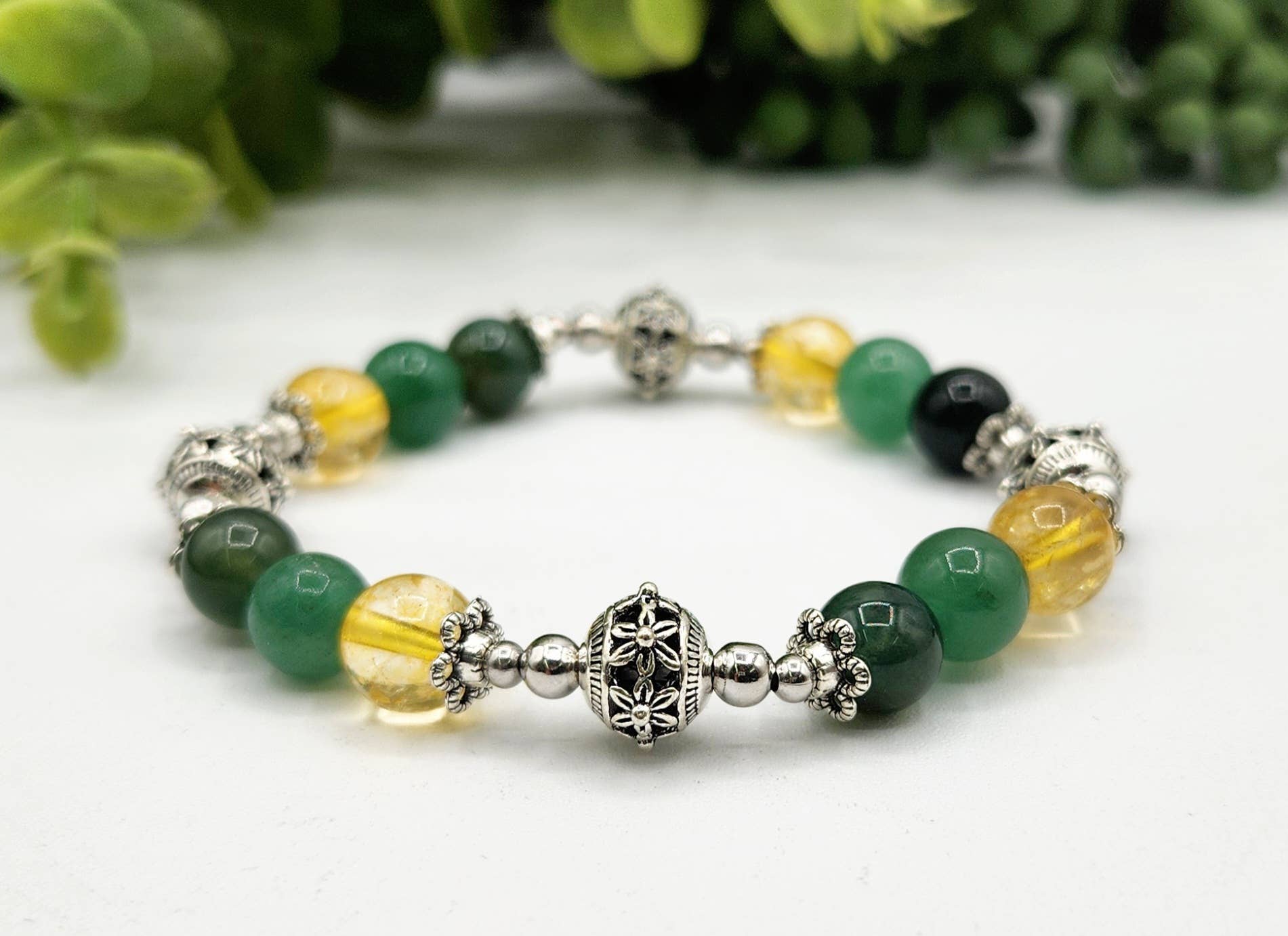 Meraki Gemstones - Wholesale Beaded Bracelet - WEALTH - Moss Agate, Green Aventurine, Citrine Bracelet 7.5"2