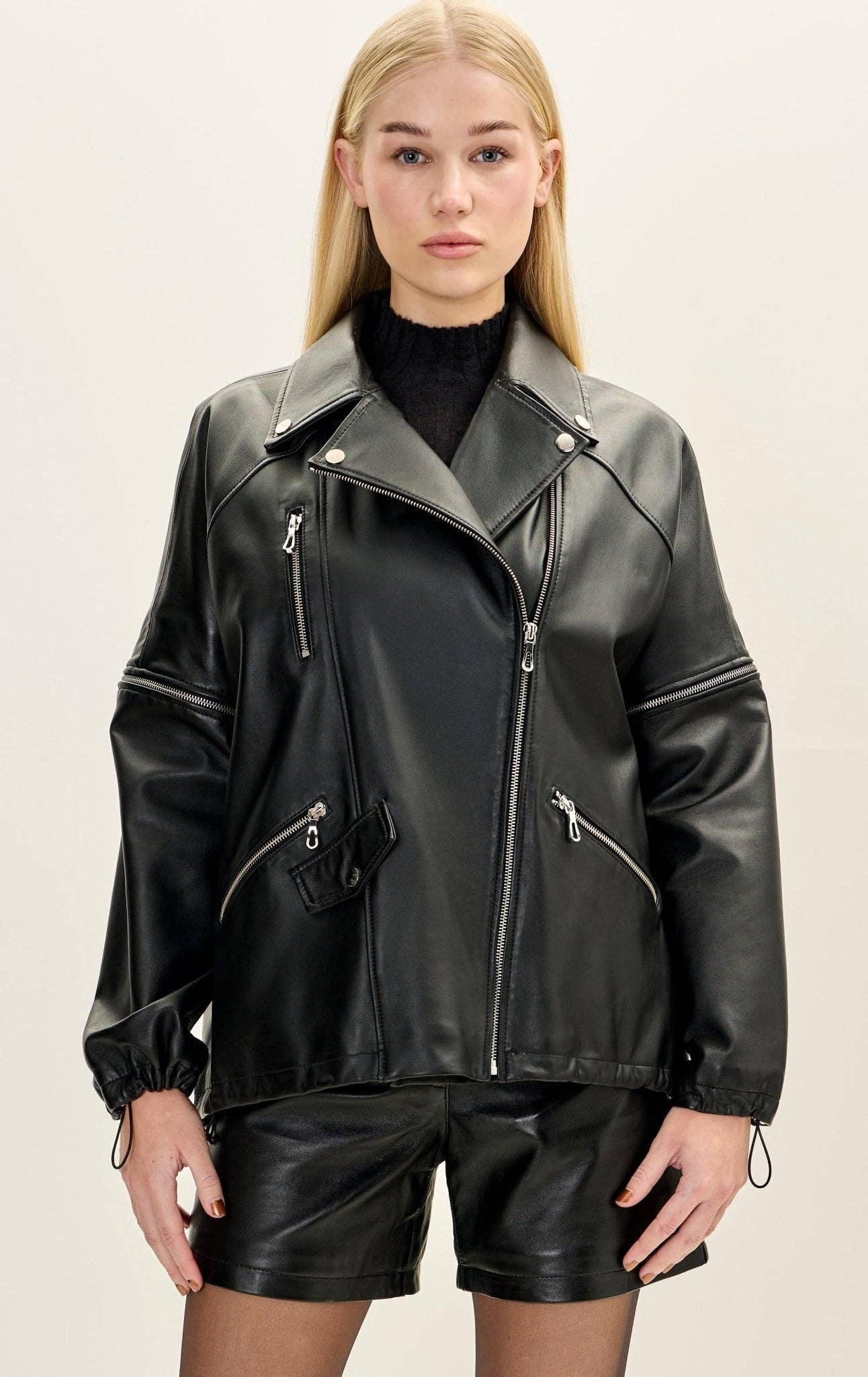 Women’s Lambskin Leather Removable Sleeves Jacket - Black for wholesale on Faire1