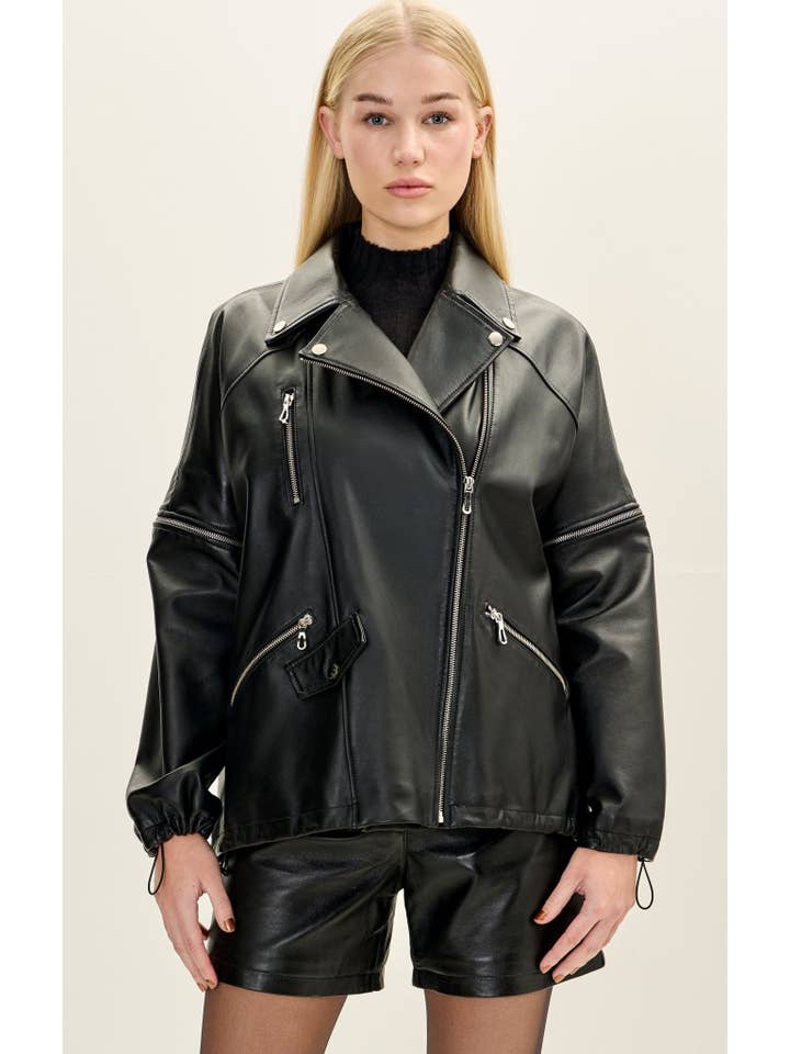 Women’s Lambskin Leather Removable Sleeves Jacket - Black for wholesale on Faire1