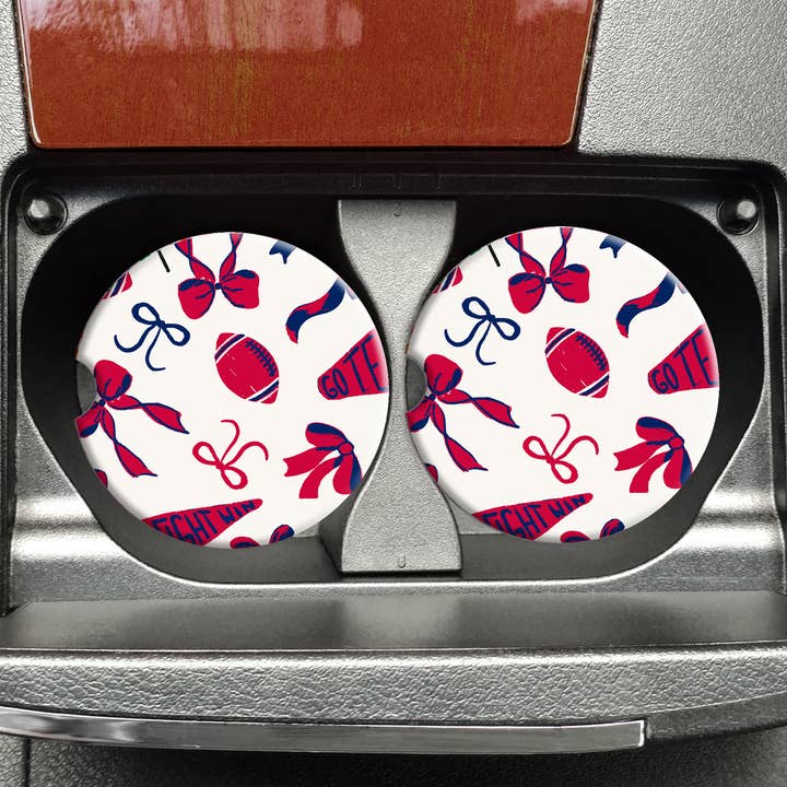 Blue Red Football Coquette Car Coasters, Car Coaster for wholesale by Mugsby