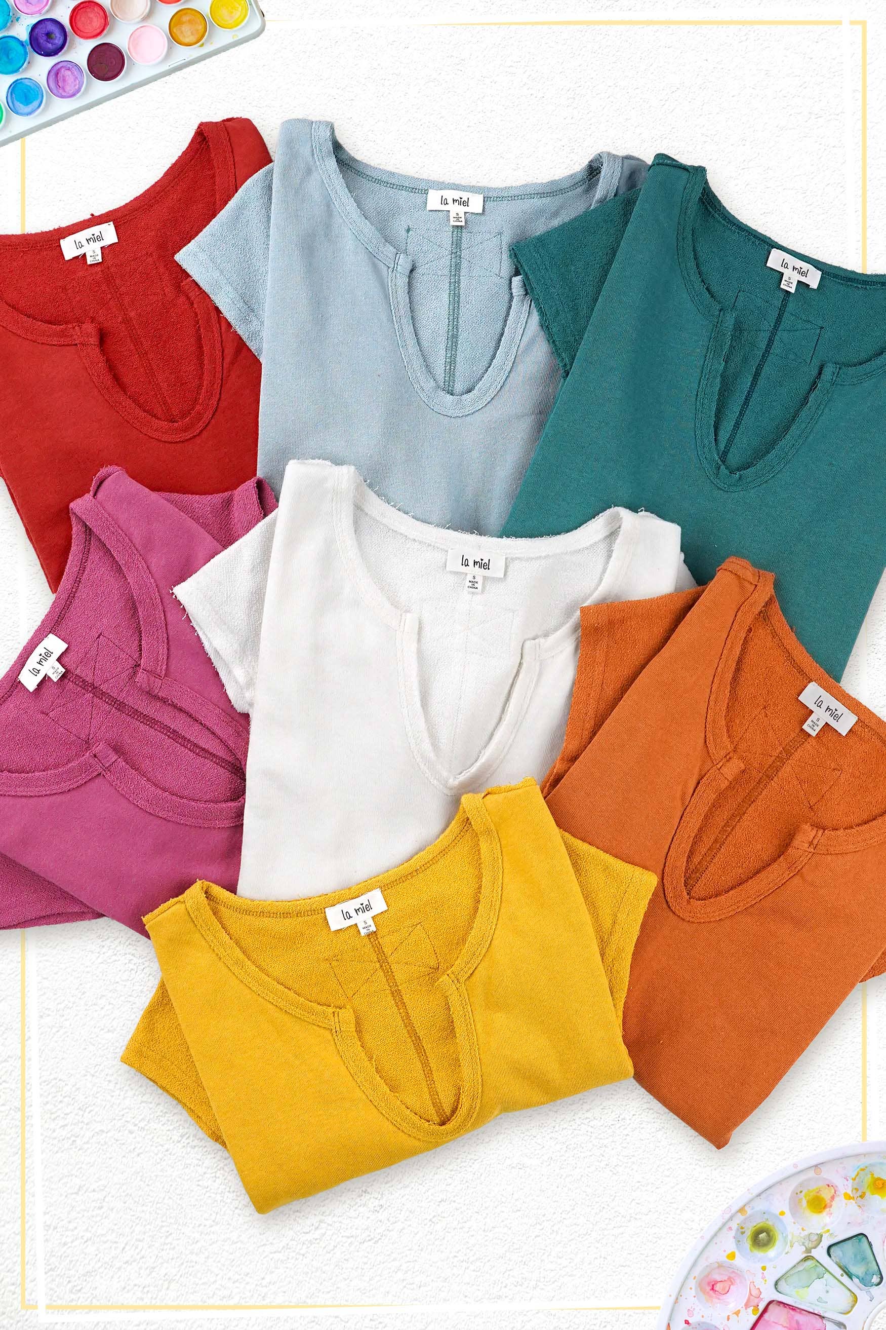 La Miel - Wholesale Gebreide top - Dames - JBT7655-getextureerde top van zachte badstof met ruwe rand en korte mouwen23