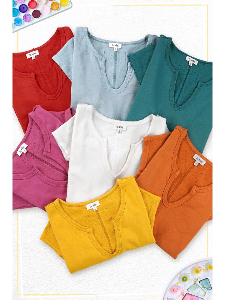 La Miel - Wholesale Gebreide top - Dames - JBT7655-getextureerde top van zachte badstof met ruwe rand en korte mouwen23